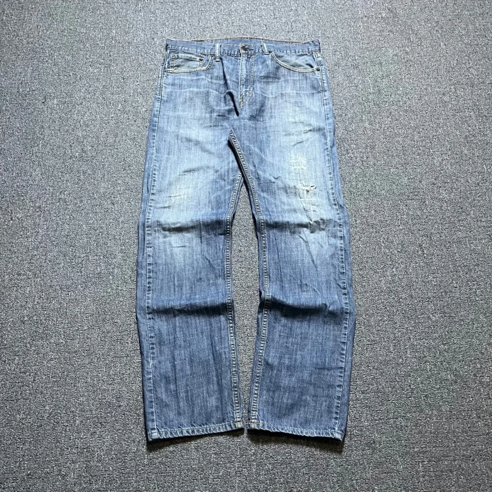 Levi's 505 Straight Fit Jeans 33x34 Blue Distressed Denim Mens Pants Nice Wash